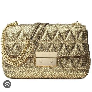 NWT Michael Kors Sloan Large Chain Shoulder Bag Gold Metallic Quilted Pyramid